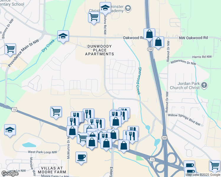 map of restaurants, bars, coffee shops, grocery stores, and more near 1421 Old Monrovia Road Northwest in Huntsville