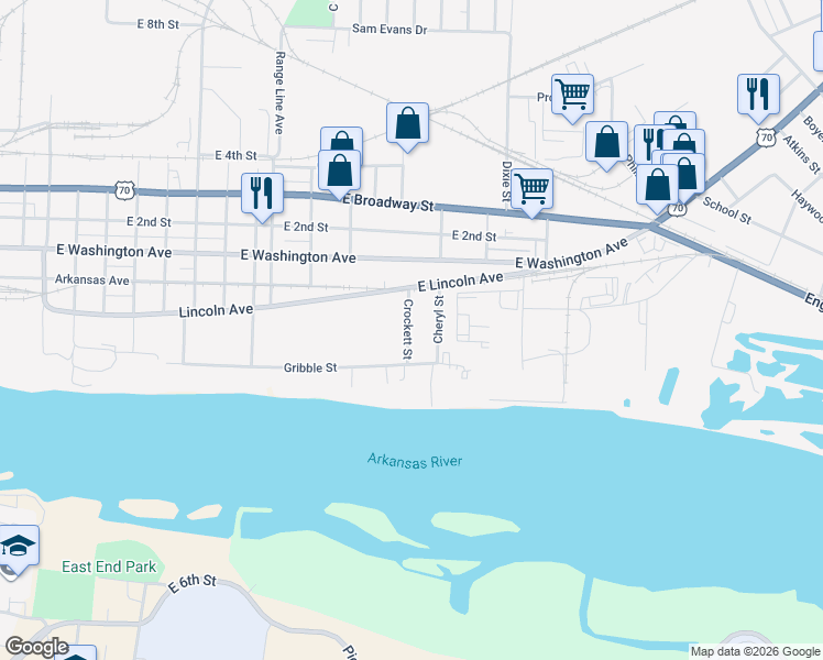map of restaurants, bars, coffee shops, grocery stores, and more near 316 Crockett Street in North Little Rock