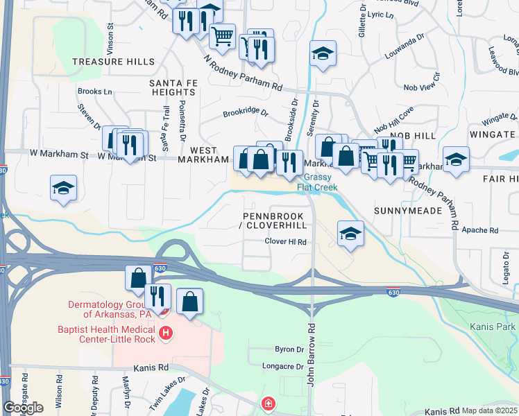 map of restaurants, bars, coffee shops, grocery stores, and more near 8 Cynthia Circle in Little Rock