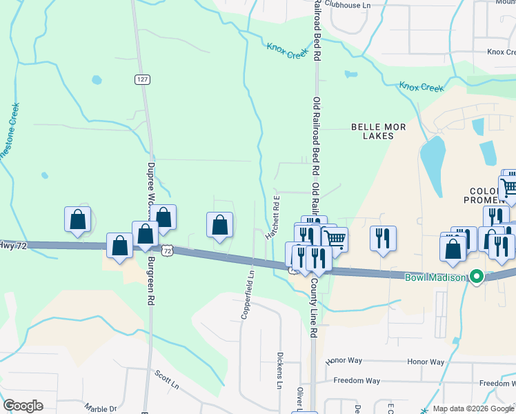 map of restaurants, bars, coffee shops, grocery stores, and more near 13475 Hatchett Road West in Madison