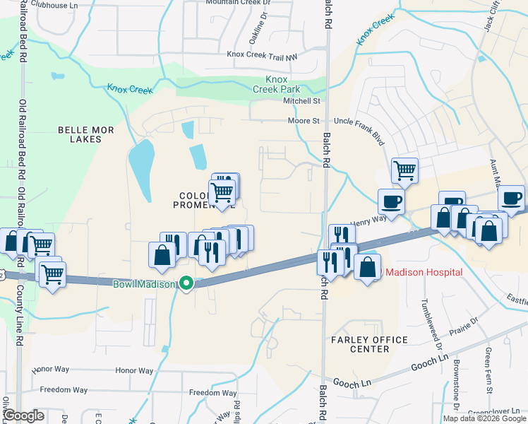 map of restaurants, bars, coffee shops, grocery stores, and more near John Deere Way in Madison