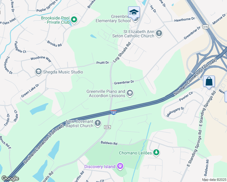 map of restaurants, bars, coffee shops, grocery stores, and more near 641 Log Shoals Road in Greenville