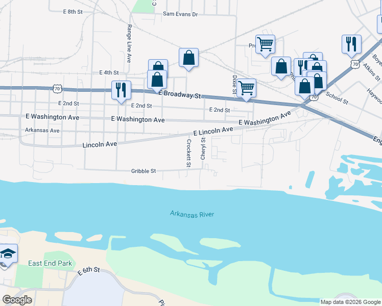 map of restaurants, bars, coffee shops, grocery stores, and more near 316 Crockett Street in North Little Rock