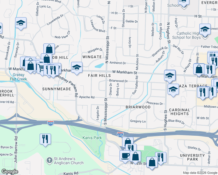 map of restaurants, bars, coffee shops, grocery stores, and more near 11 Diana Drive in Little Rock