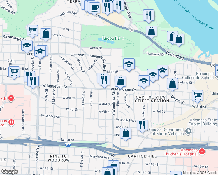 map of restaurants, bars, coffee shops, grocery stores, and more near 1000 Kavanaugh Boulevard in Little Rock