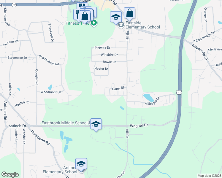 map of restaurants, bars, coffee shops, grocery stores, and more near Cathy Street in Dalton