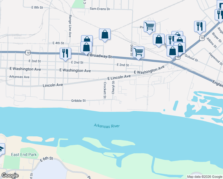 map of restaurants, bars, coffee shops, grocery stores, and more near 316 Cheryl Street in North Little Rock