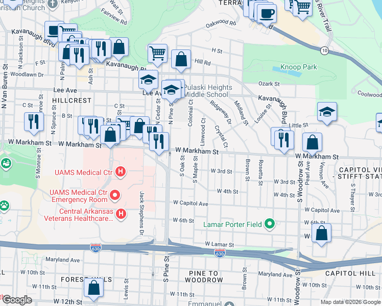 map of restaurants, bars, coffee shops, grocery stores, and more near 114 South Maple Street in Little Rock