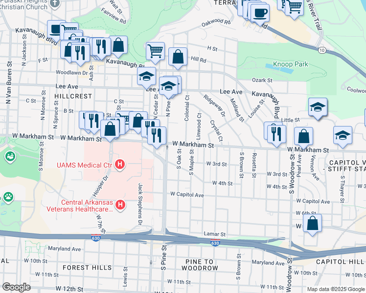 map of restaurants, bars, coffee shops, grocery stores, and more near 114 South Maple Street in Little Rock