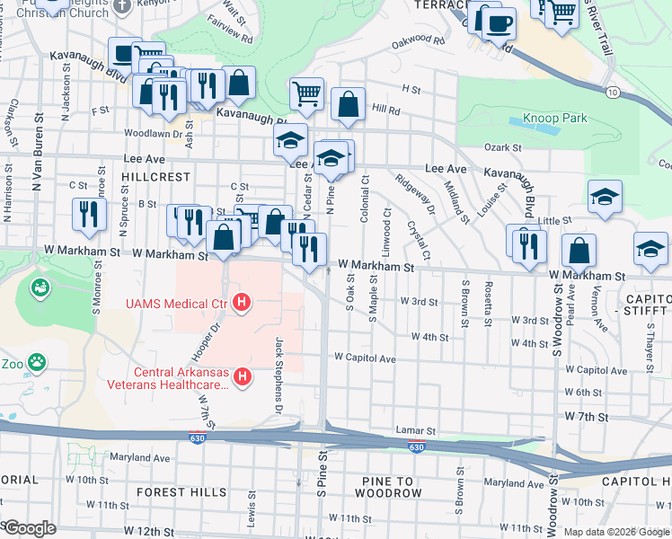 map of restaurants, bars, coffee shops, grocery stores, and more near 119 South Pine Street in Little Rock