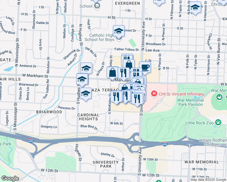 map of restaurants, bars, coffee shops, grocery stores, and more near 420 South University Avenue in Little Rock