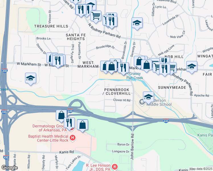 map of restaurants, bars, coffee shops, grocery stores, and more near 8 Cynthia Circle in Little Rock