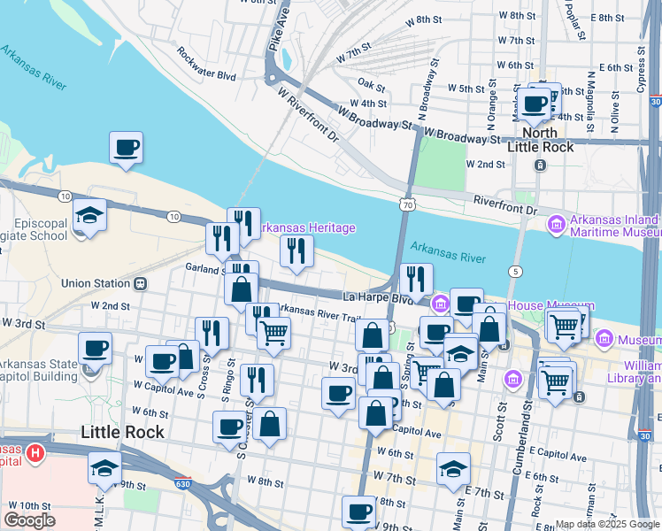 map of restaurants, bars, coffee shops, grocery stores, and more near 724 North Street in Little Rock