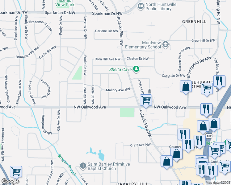 map of restaurants, bars, coffee shops, grocery stores, and more near 2712 Norton Avenue Northwest in Huntsville