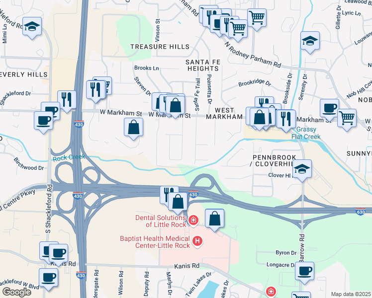 map of restaurants, bars, coffee shops, grocery stores, and more near 12 Meadowbrook Drive in Little Rock