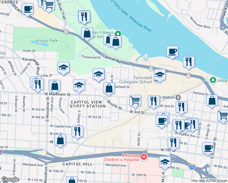 map of restaurants, bars, coffee shops, grocery stores, and more near 2201 West Markham Street in Little Rock