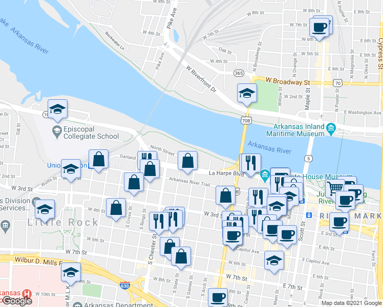 map of restaurants, bars, coffee shops, grocery stores, and more near 810 North Street in Little Rock