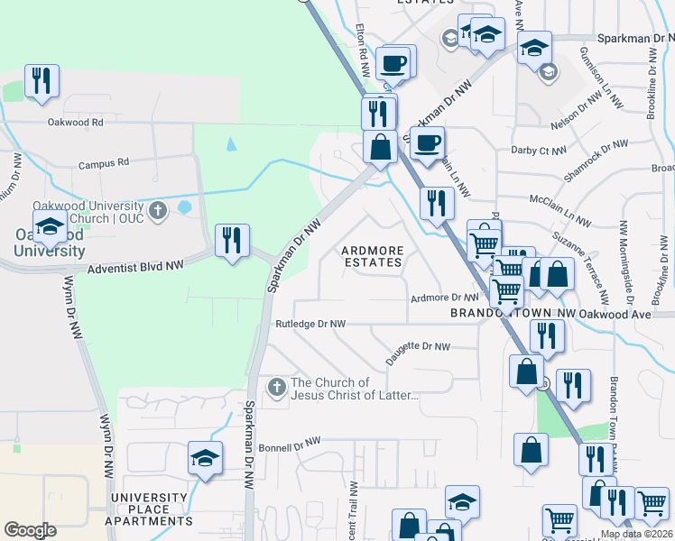 map of restaurants, bars, coffee shops, grocery stores, and more near 4602 Wellington Point Northwest in Huntsville
