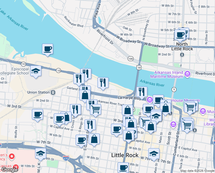 map of restaurants, bars, coffee shops, grocery stores, and more near 201299 North State Street in Little Rock