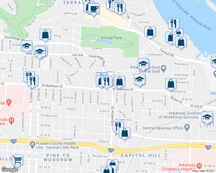 map of restaurants, bars, coffee shops, grocery stores, and more near 102 South Woodrow Street in Little Rock