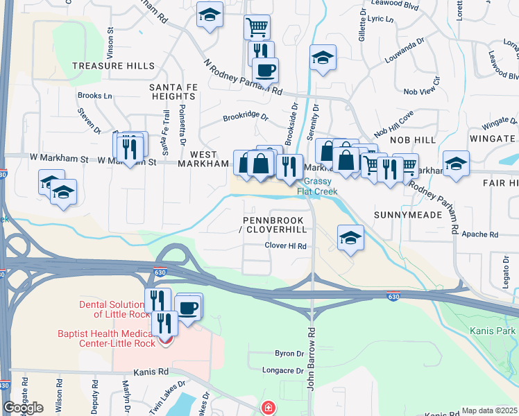 map of restaurants, bars, coffee shops, grocery stores, and more near 8 Cynthia Circle in Little Rock