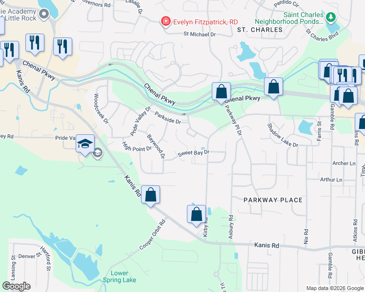 map of restaurants, bars, coffee shops, grocery stores, and more near 5 South Sweet Bay Court in Little Rock