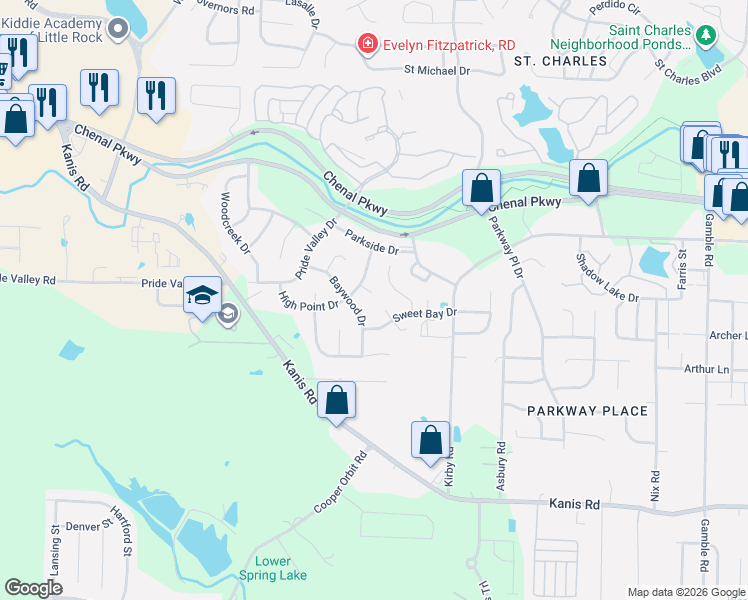 map of restaurants, bars, coffee shops, grocery stores, and more near 604 Baywood Drive in Little Rock