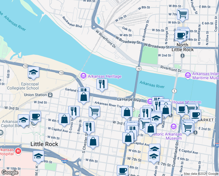map of restaurants, bars, coffee shops, grocery stores, and more near 800 North Street in Little Rock