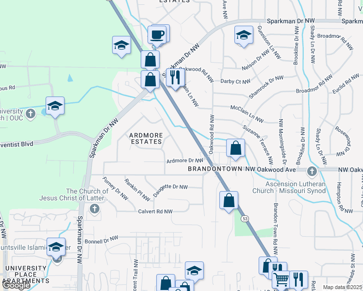 map of restaurants, bars, coffee shops, grocery stores, and more near 2108 Wimberly Road Northwest in Huntsville