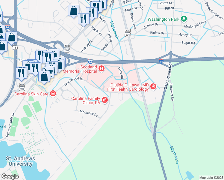 map of restaurants, bars, coffee shops, grocery stores, and more near 500 Lauchwood Drive in Laurinburg