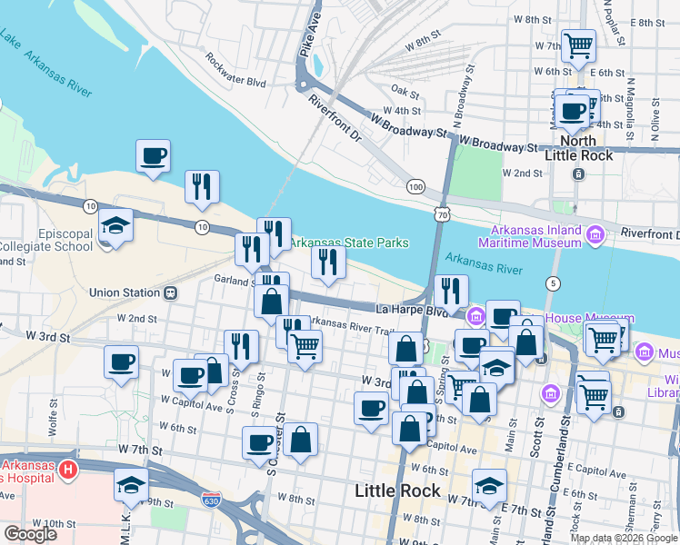 map of restaurants, bars, coffee shops, grocery stores, and more near 816 North Street in Little Rock