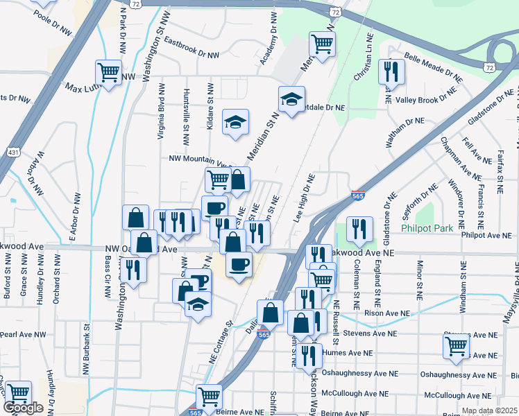 map of restaurants, bars, coffee shops, grocery stores, and more near 2104 Levert Street Northeast in Huntsville
