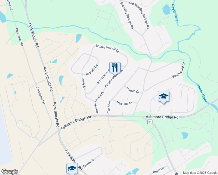 map of restaurants, bars, coffee shops, grocery stores, and more near 147 Bonnie Woods Drive in Greenville