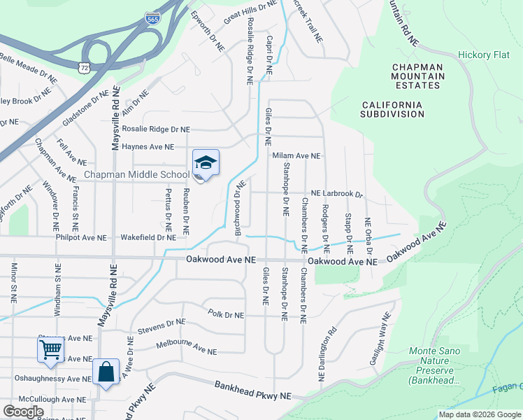 map of restaurants, bars, coffee shops, grocery stores, and more near 2024 Giles Drive Northeast in Huntsville