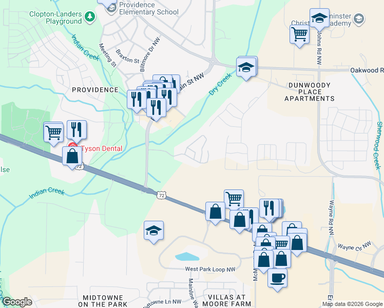 map of restaurants, bars, coffee shops, grocery stores, and more near 6500 Walden Run in Huntsville