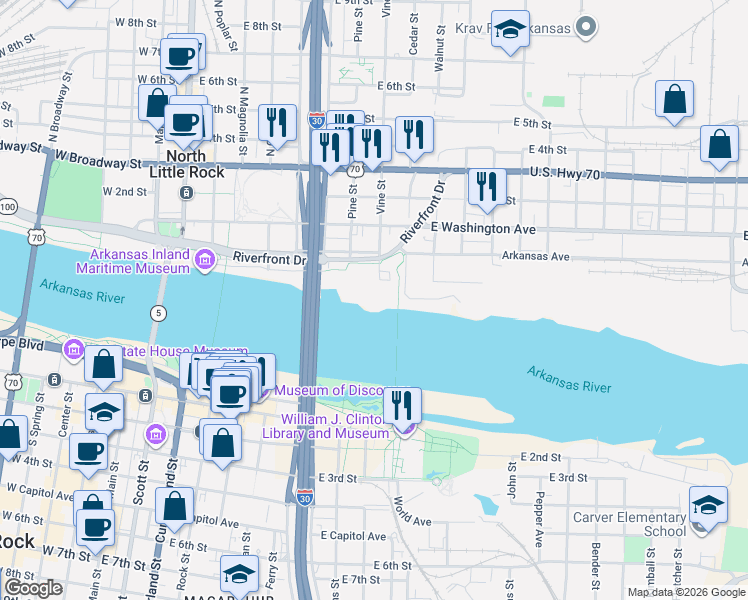 map of restaurants, bars, coffee shops, grocery stores, and more near 806 Ferry Street in North Little Rock