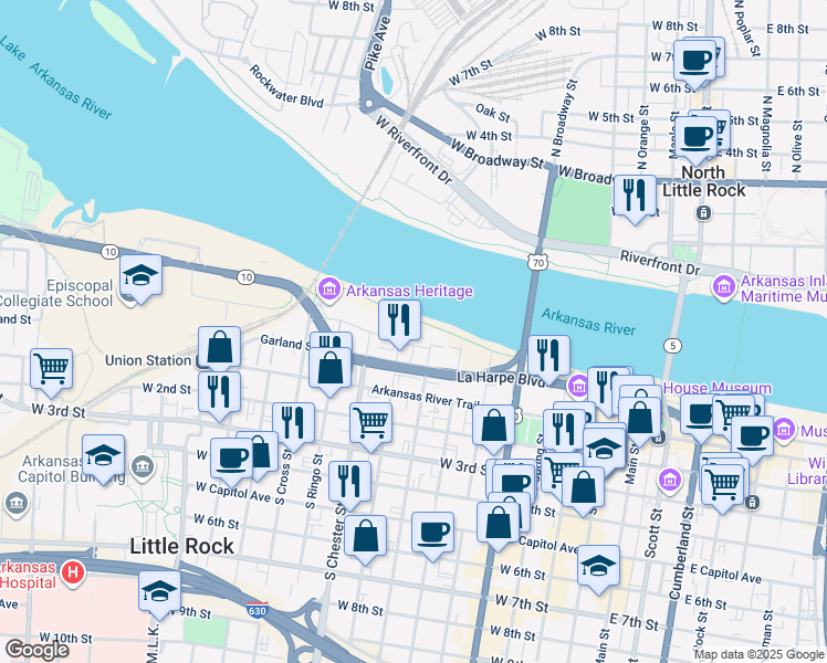 map of restaurants, bars, coffee shops, grocery stores, and more near 724 North Street in Little Rock