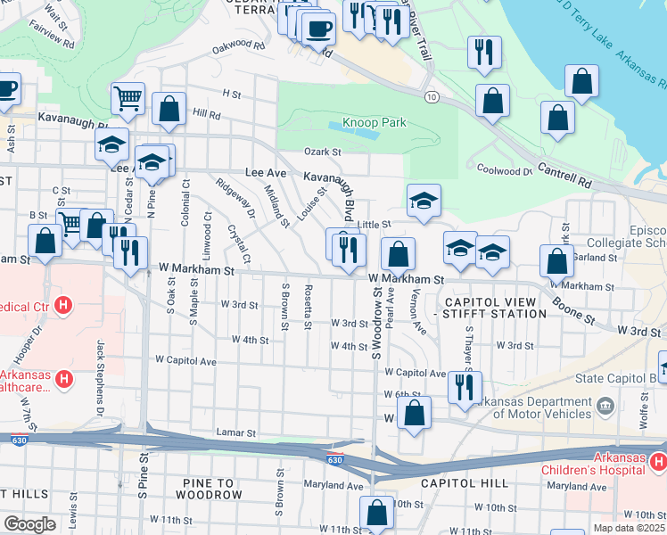 map of restaurants, bars, coffee shops, grocery stores, and more near 1024 Kavanaugh Boulevard in Little Rock