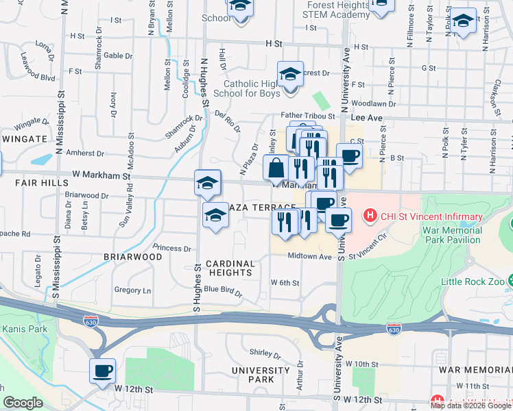 map of restaurants, bars, coffee shops, grocery stores, and more near 10 Berrywood Circle in Little Rock