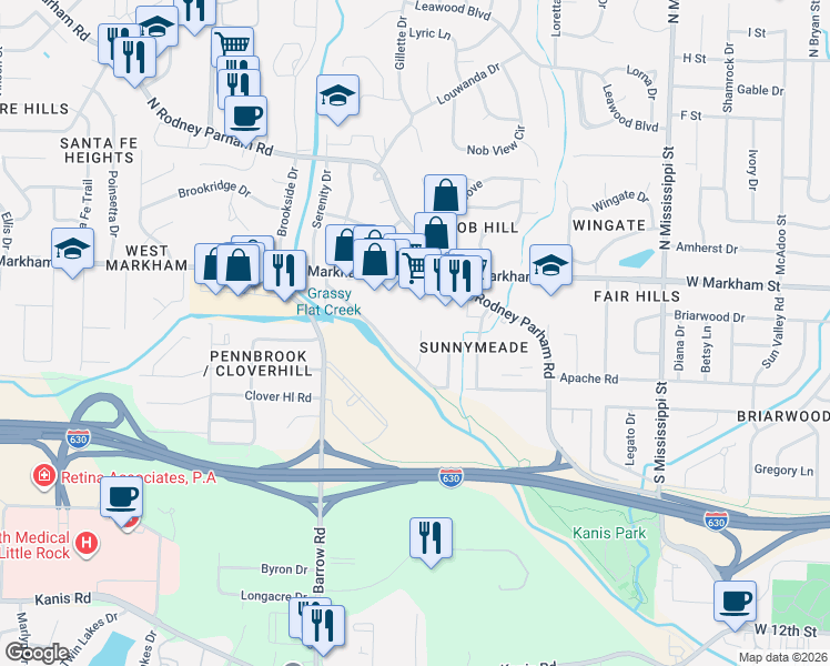 map of restaurants, bars, coffee shops, grocery stores, and more near 8415 West Markham Street in Little Rock
