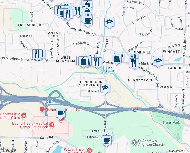 map of restaurants, bars, coffee shops, grocery stores, and more near 9101 West Markham Street in Little Rock