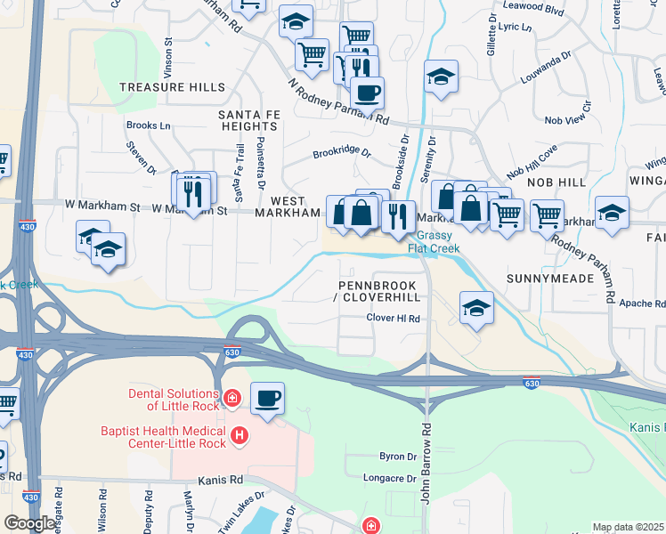 map of restaurants, bars, coffee shops, grocery stores, and more near 9101 West Markham Street in Little Rock