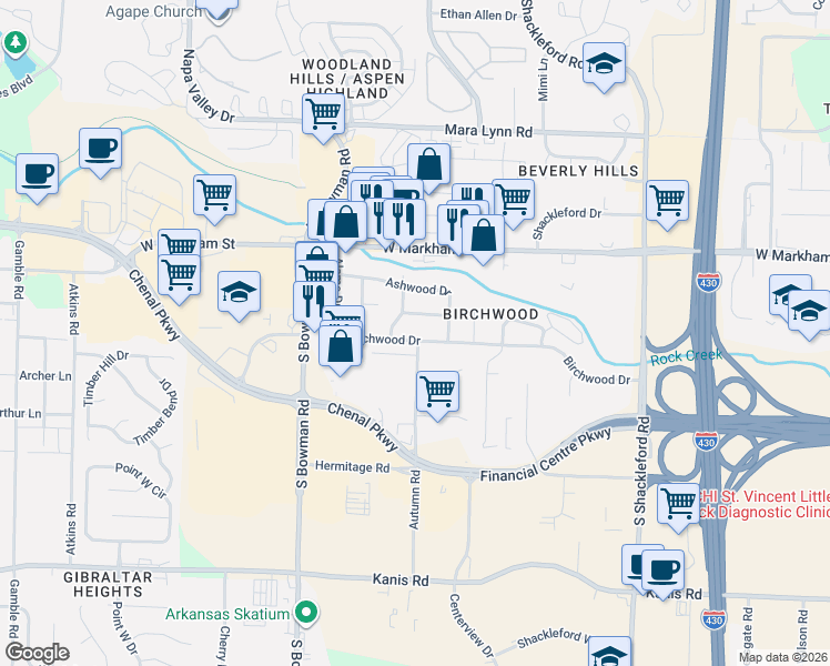 map of restaurants, bars, coffee shops, grocery stores, and more near 11620 Chipwood Drive in Little Rock