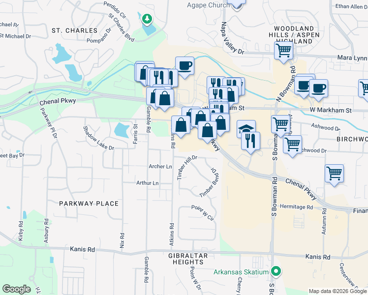 map of restaurants, bars, coffee shops, grocery stores, and more near 12309 Chenal Parkway in Little Rock