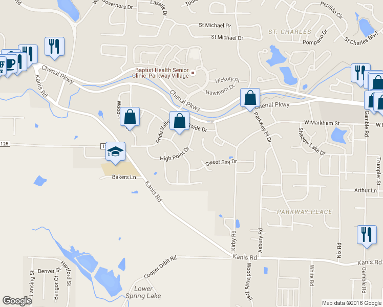 map of restaurants, bars, coffee shops, grocery stores, and more near 14112 High Point Drive in Little Rock