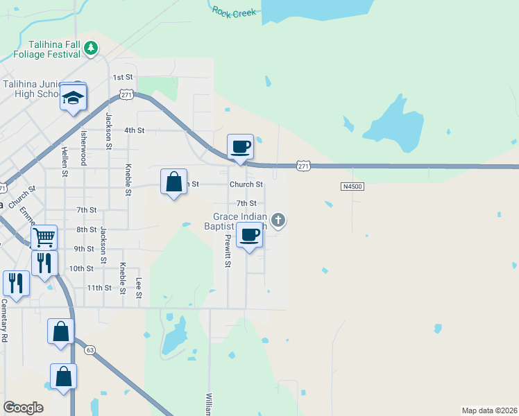 map of restaurants, bars, coffee shops, grocery stores, and more near 102 Sequoyah in Talihina
