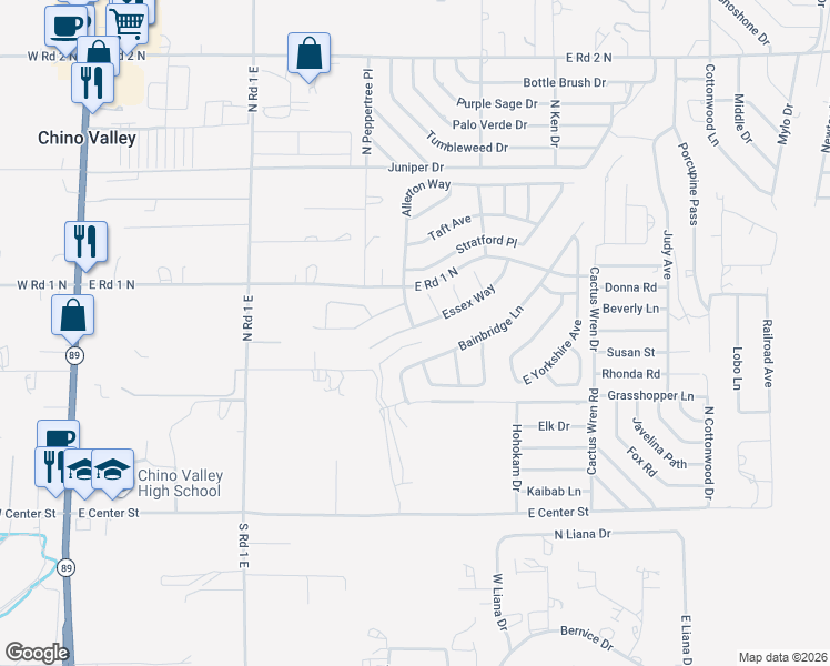 map of restaurants, bars, coffee shops, grocery stores, and more near 1297 Brentwood Way in Chino Valley