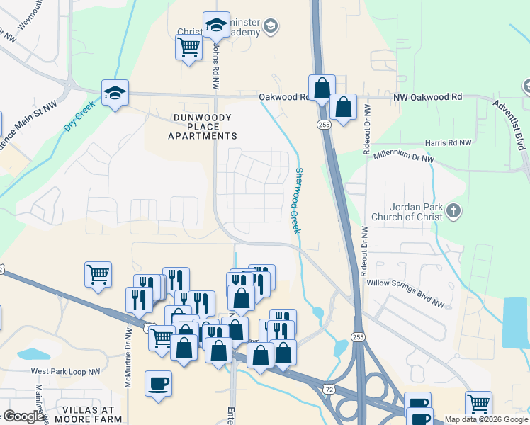 map of restaurants, bars, coffee shops, grocery stores, and more near 1001 Cernan Drive Northwest in Huntsville
