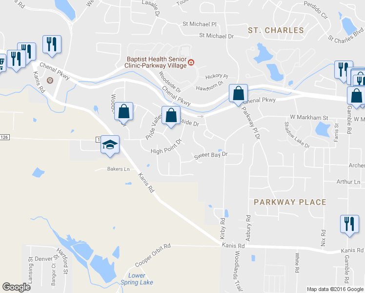 map of restaurants, bars, coffee shops, grocery stores, and more near 3 Eastwood Court in Little Rock