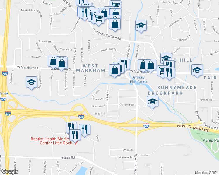 map of restaurants, bars, coffee shops, grocery stores, and more near 9101 West Markham Street in Little Rock